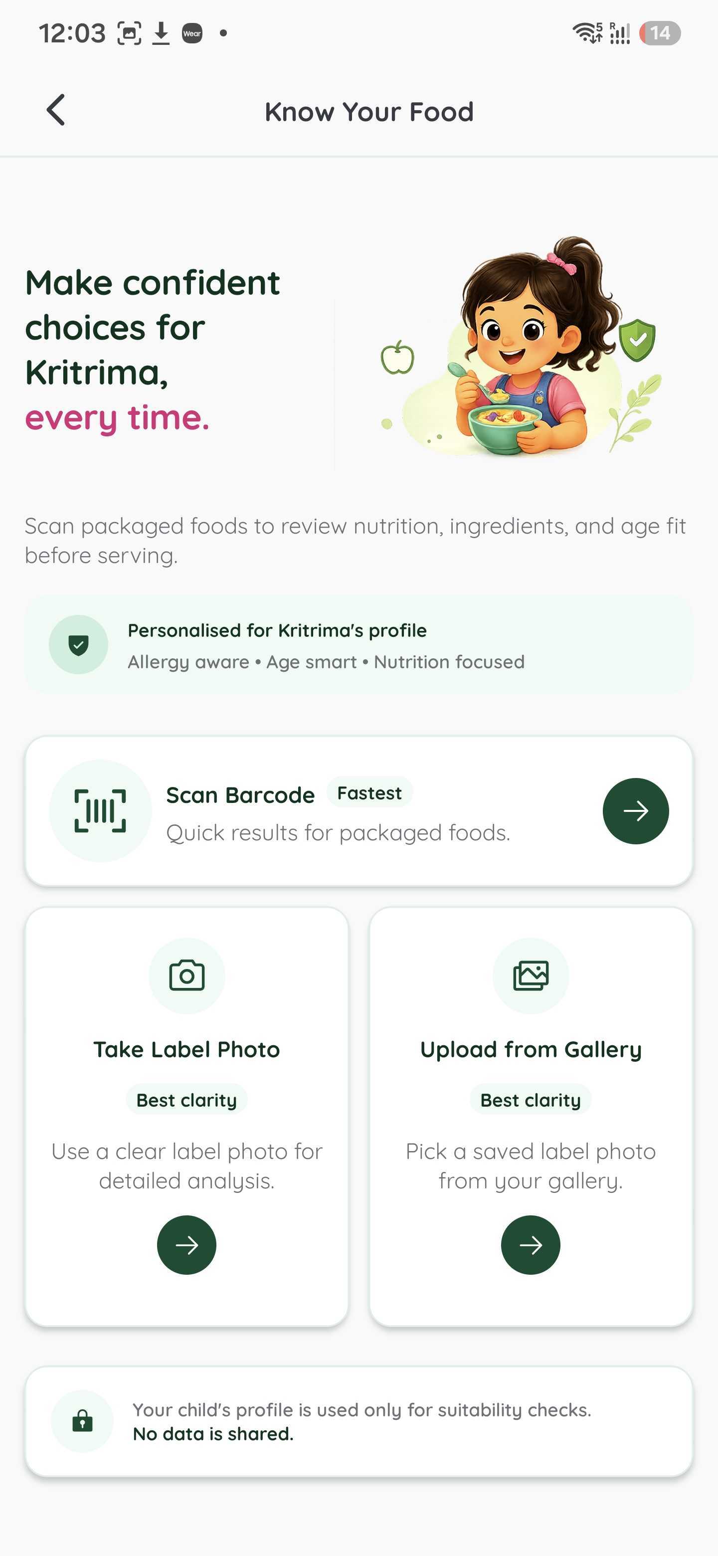 Know Your Food landing screen for barcode, label photo, and gallery food checks